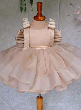 Children's dress儿童礼服欧美香槟色蓬蓬网纱裙蝴蝶结无袖公主裙