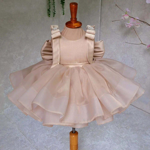 Children's dress儿童礼服欧美香槟色蓬蓬网纱裙蝴蝶结无袖公主裙