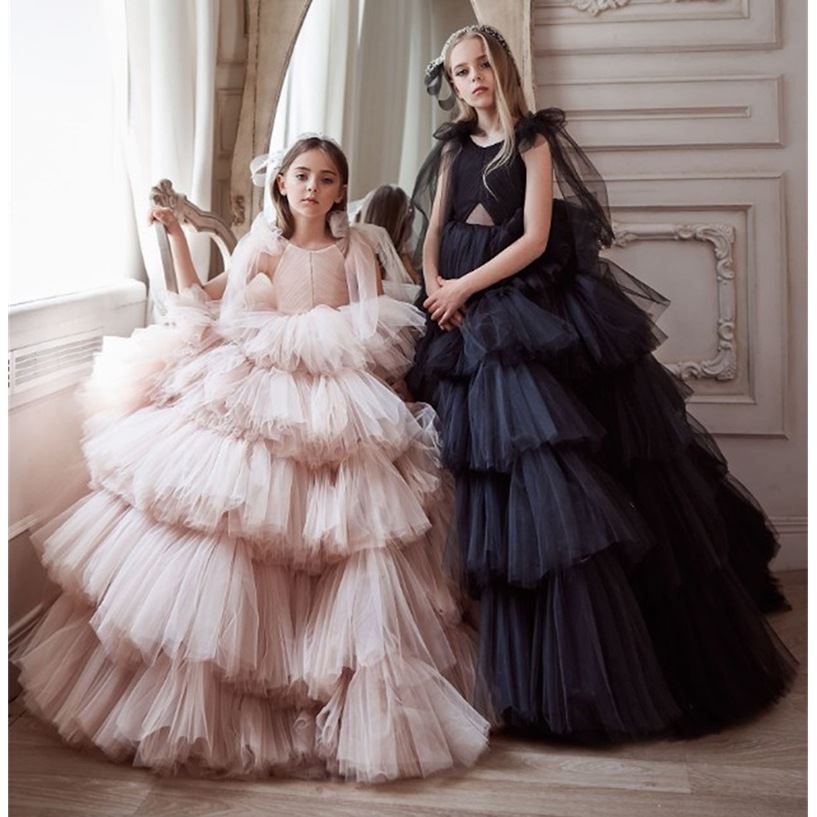 跨境外贸儿童拖尾礼服女童钢琴生日演出服花童模特走秀潮范蛋糕裙