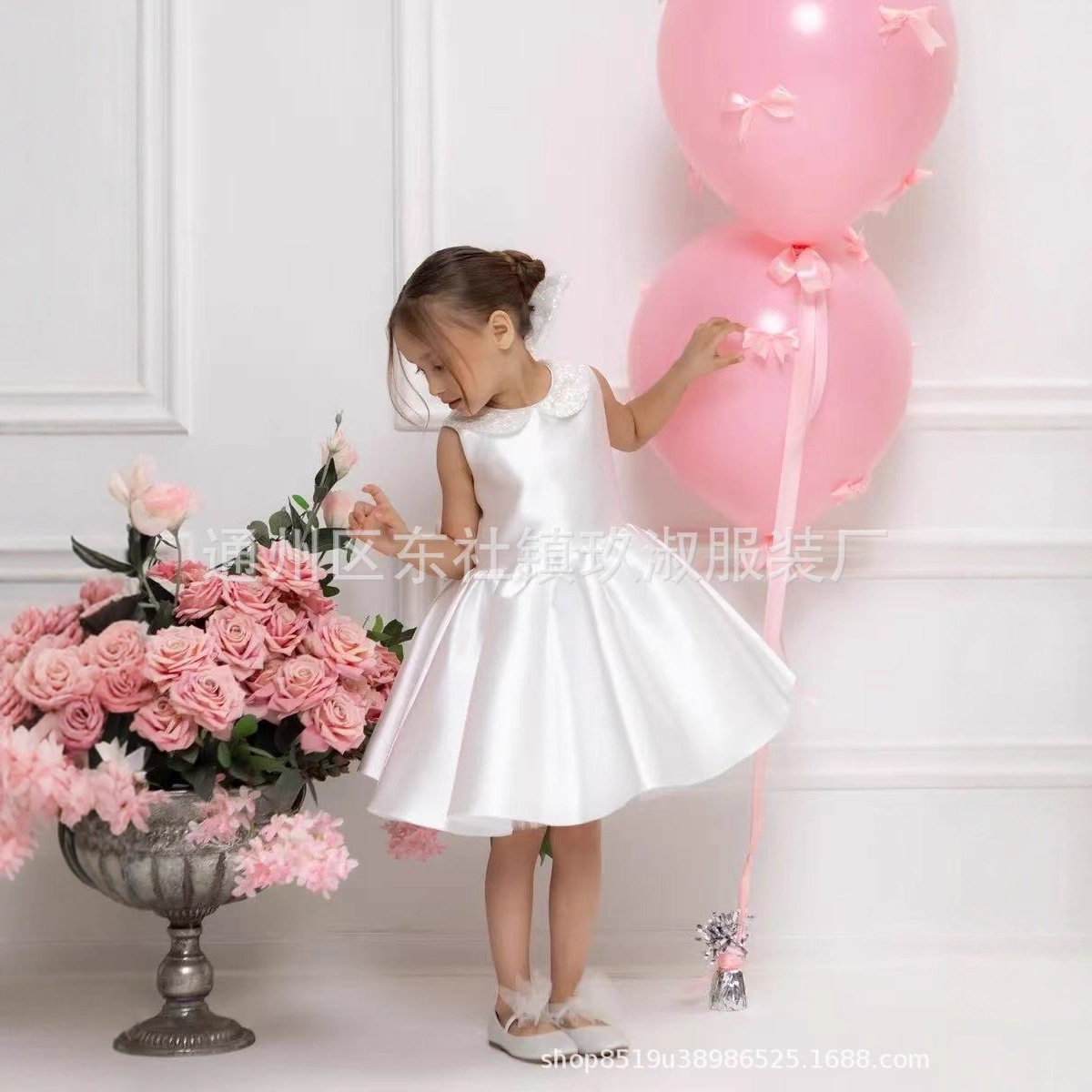 公主花童婚礼礼服缎面香槟短袖蓬松闪亮蝴蝶结儿童新年生日派对礼