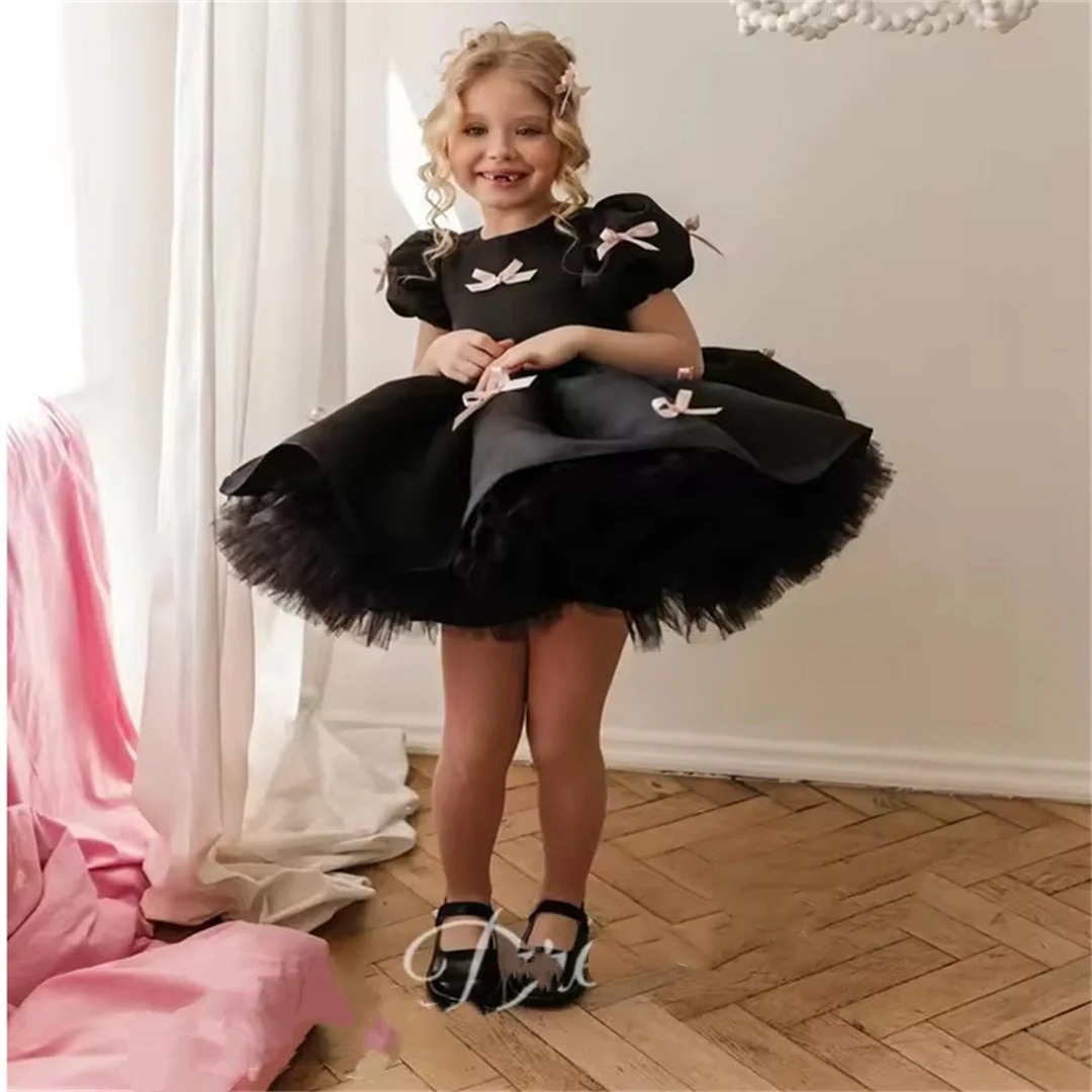 黑色复古女童公主裙蝴蝶结设计儿童走秀花童钢琴表演礼服裙
