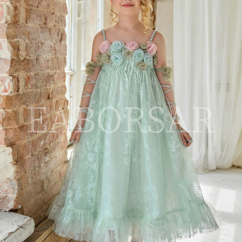 女童礼服2026欧美新款吊带花朵网纱绿色儿童公主裙princess dress