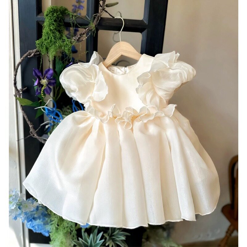 2026新款短袖香槟色周岁女童礼服裙生日连衣裙小童洋气时尚蓬蓬裙
