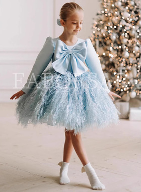 圣诞节女童公主裙一周岁生日儿童礼服蓝色长袖Christmas演出服