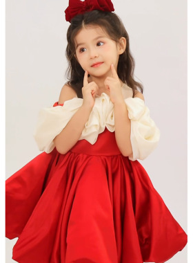 儿童礼服公主裙2026款红色一字肩生日宴会女童礼服连衣裙钢琴演出