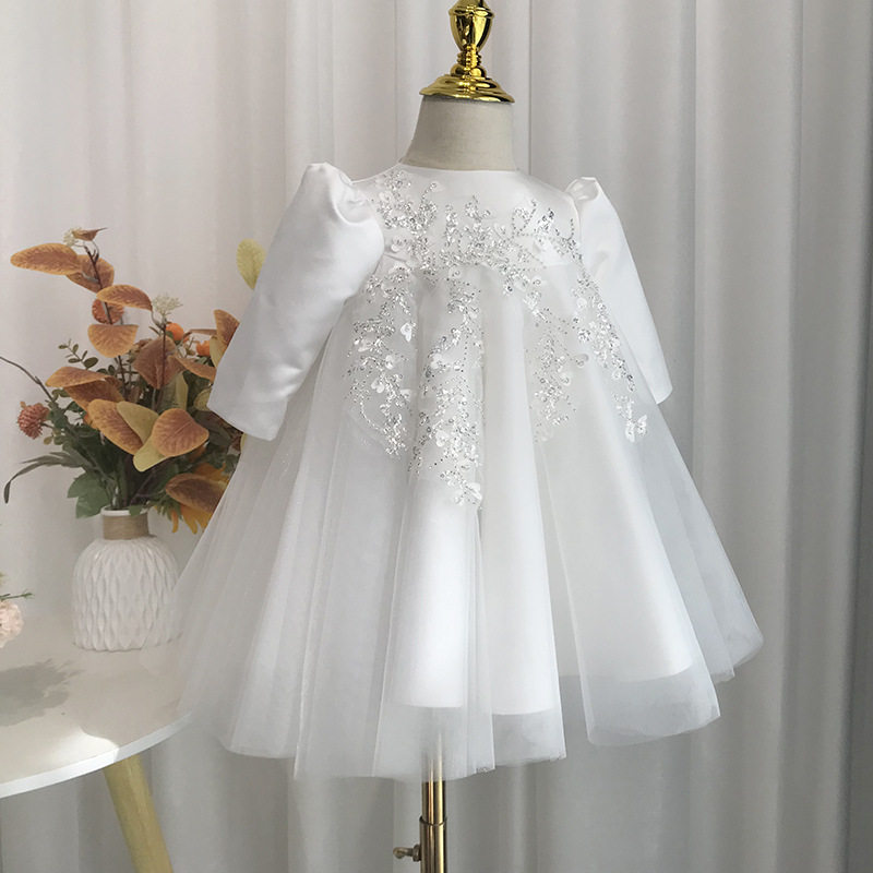 宝宝周岁礼服韩版高腰连衣裙生日婚纱洋气花童公主裙蓬蓬长袖