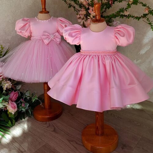 粉色泡泡袖公主裙女童缎面蓬蓬裙一周岁礼服女宝宝princess dress
