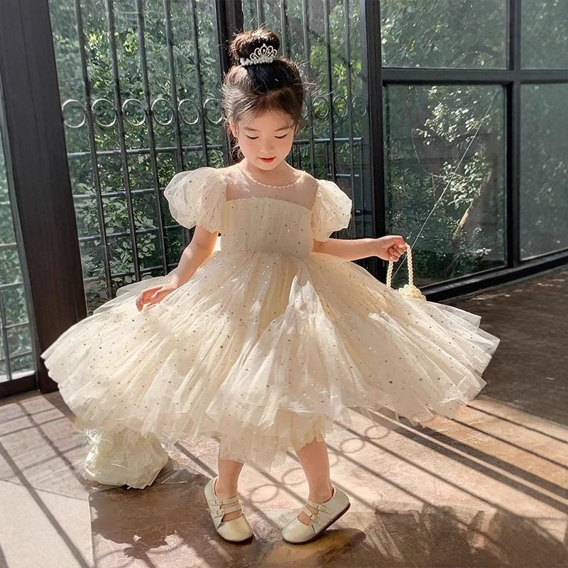 女童跨境香槟色公主裙儿童简约亮片礼服走秀日常可穿连衣裙演出服图片