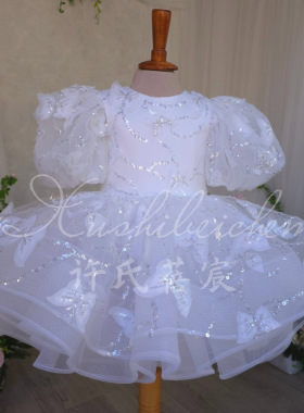 女童周岁宴生日礼服白色夏季法式泡泡袖花童婚纱走秀蓬蓬裙
