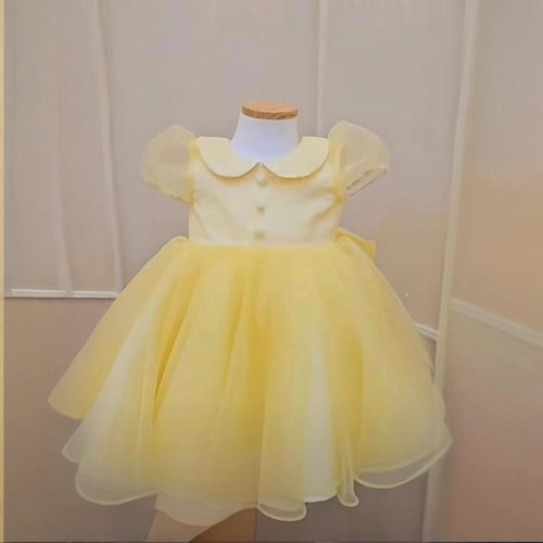 儿童礼服黄色短袖新款女童公主裙纯色生日派对周岁宝宝可爱小礼服