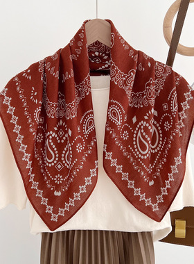 橙色腰果花棉麻手感发带丝巾65CM小方巾女薄款围巾头巾领巾