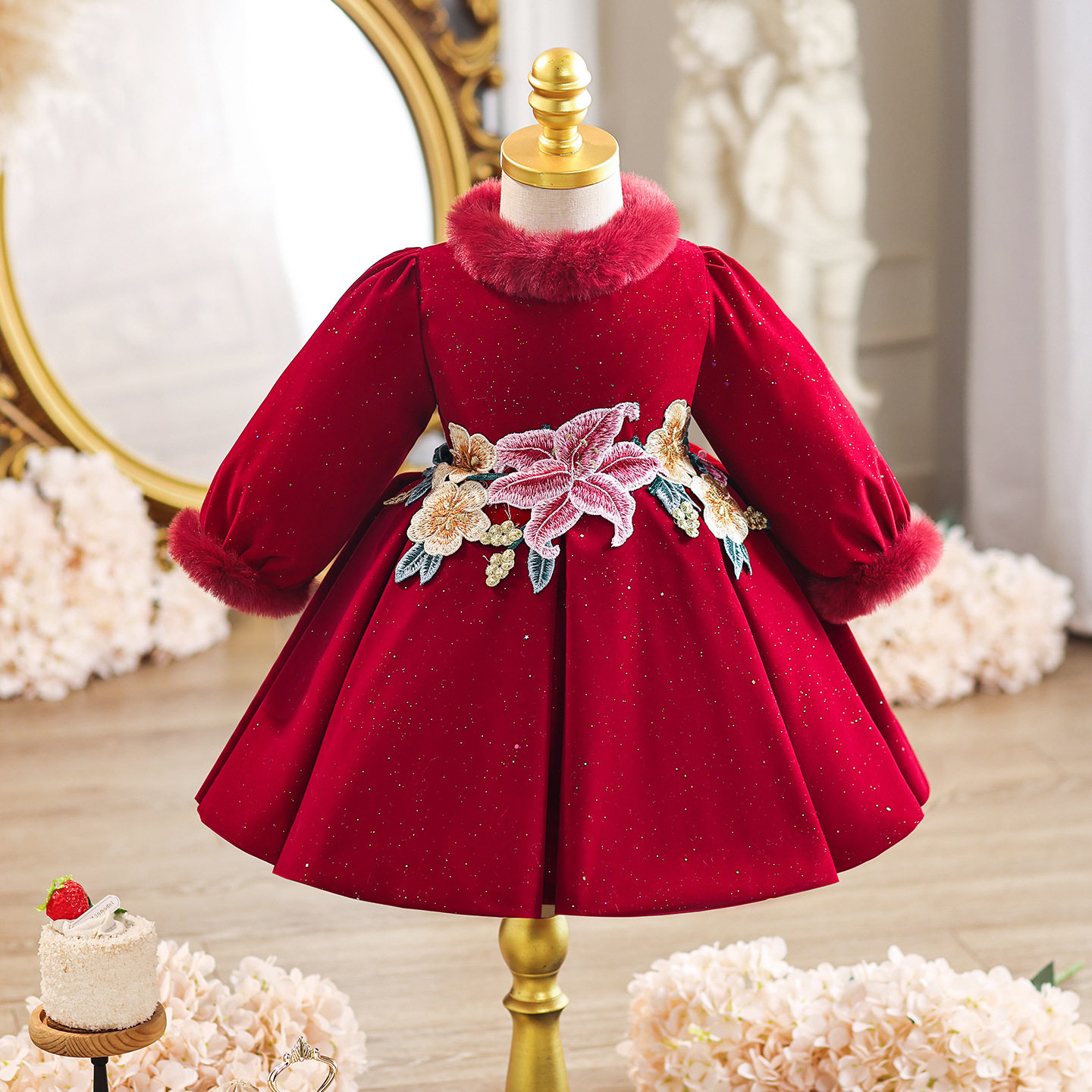 女宝宝抓周宴礼服秋冬长袖加绒过年拜年服红色儿童周岁生日公主裙