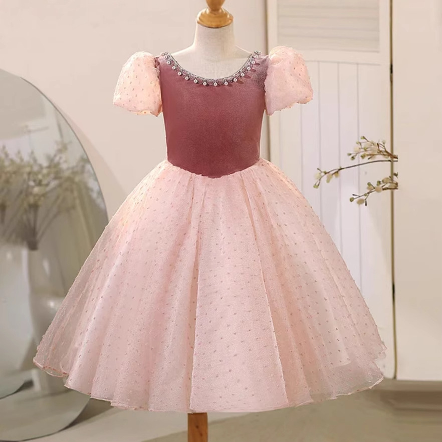 女童礼服裙夏季轻奢公主裙丝绒长袖亮片蛋糕裙生日女童钢琴主持人