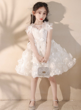 白色女童主持人晚礼服春季儿童生日花童婚礼钢琴演出服花朵