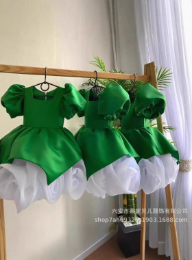 女童礼服欧美跨境泡泡袖蝴蝶结公主裙儿童连衣裙绿色童裙2026新款