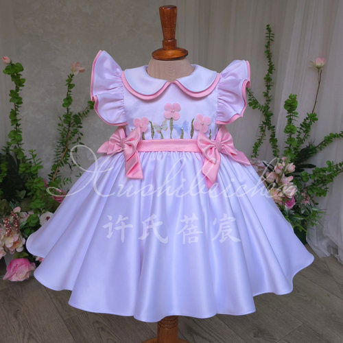 缎面儿童礼服裙飞飞袖公主裙女孩模特走秀表演礼裙kids dress