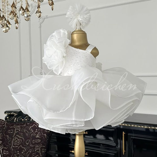 白色亮片公主裙2026新款立体花朵一周岁礼服Princess Dress