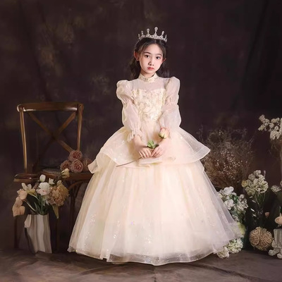 女童生日公主裙主持人礼服长袖花童婚纱儿童钢琴演奏演出服夏夏季
