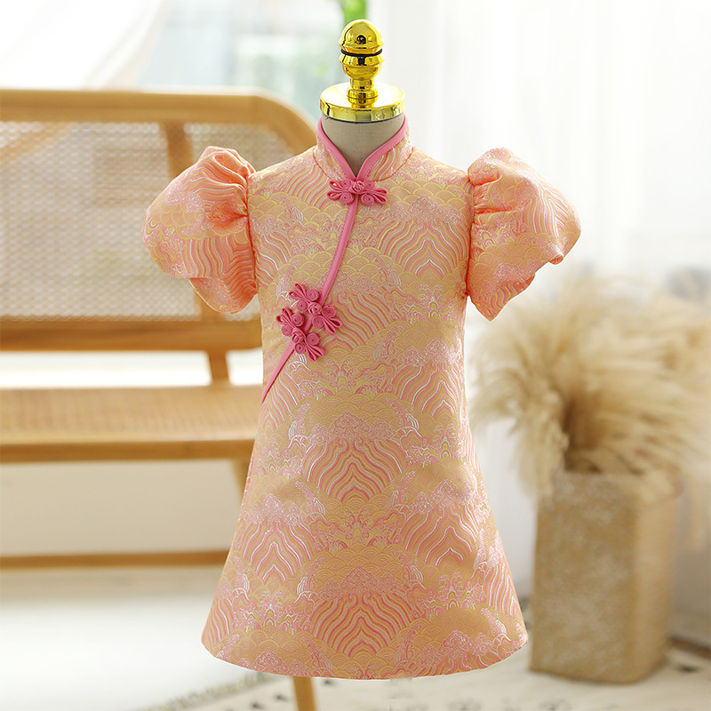粉色中式女童周岁旗袍礼服宝宝儿童抓周生日公主裙主持演出服