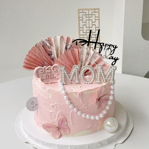 网红2025母亲节蛋糕装饰 中式妈妈生日插牌屏风折扇珍珠链mom插件