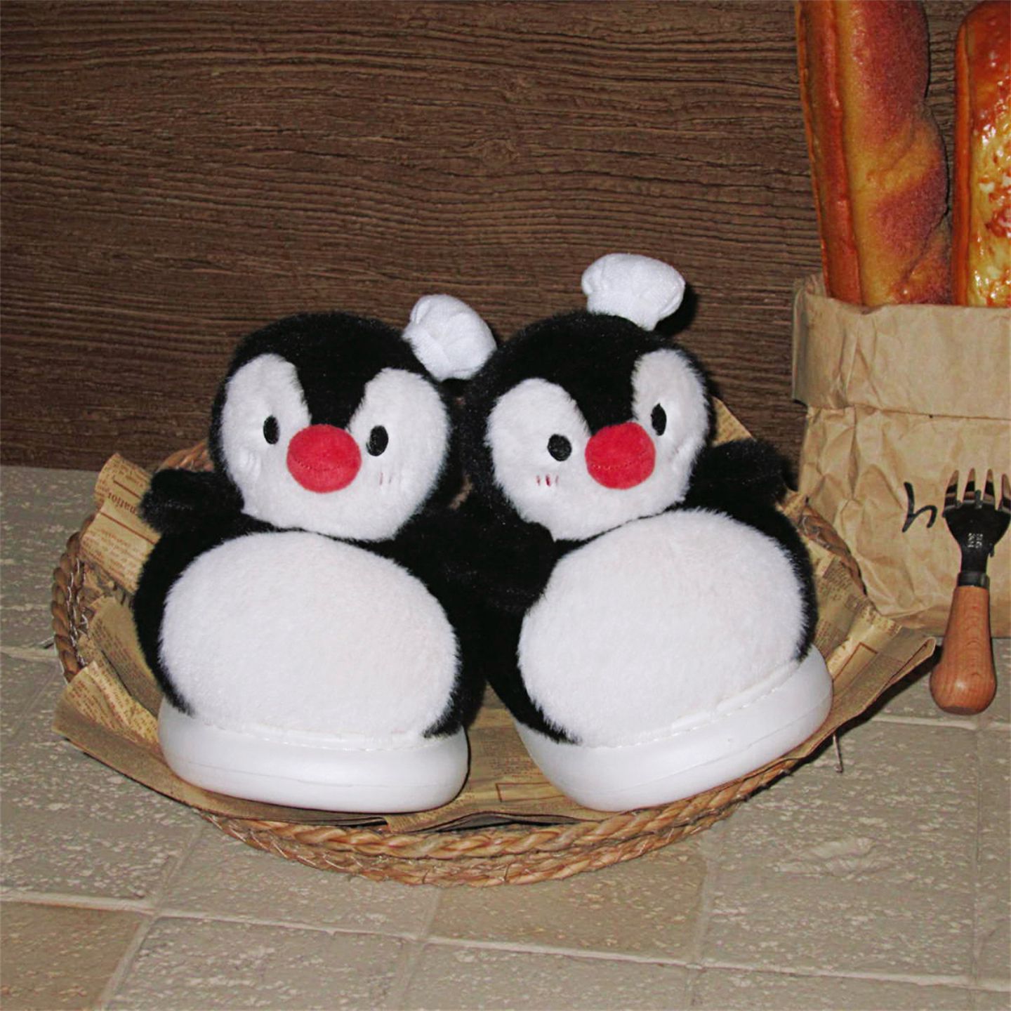 细细条少女心帽子企鹅棉拖鞋女