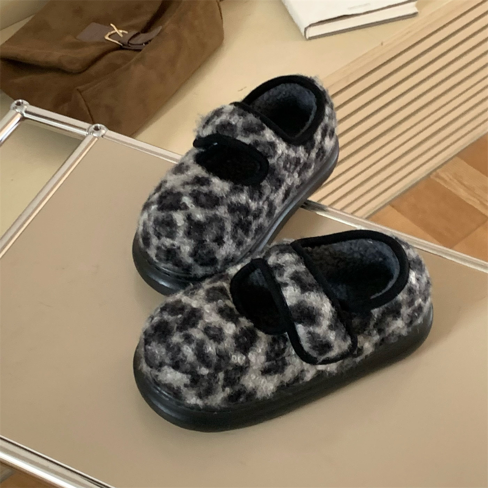 细细条时尚豹纹玛丽珍毛毛鞋