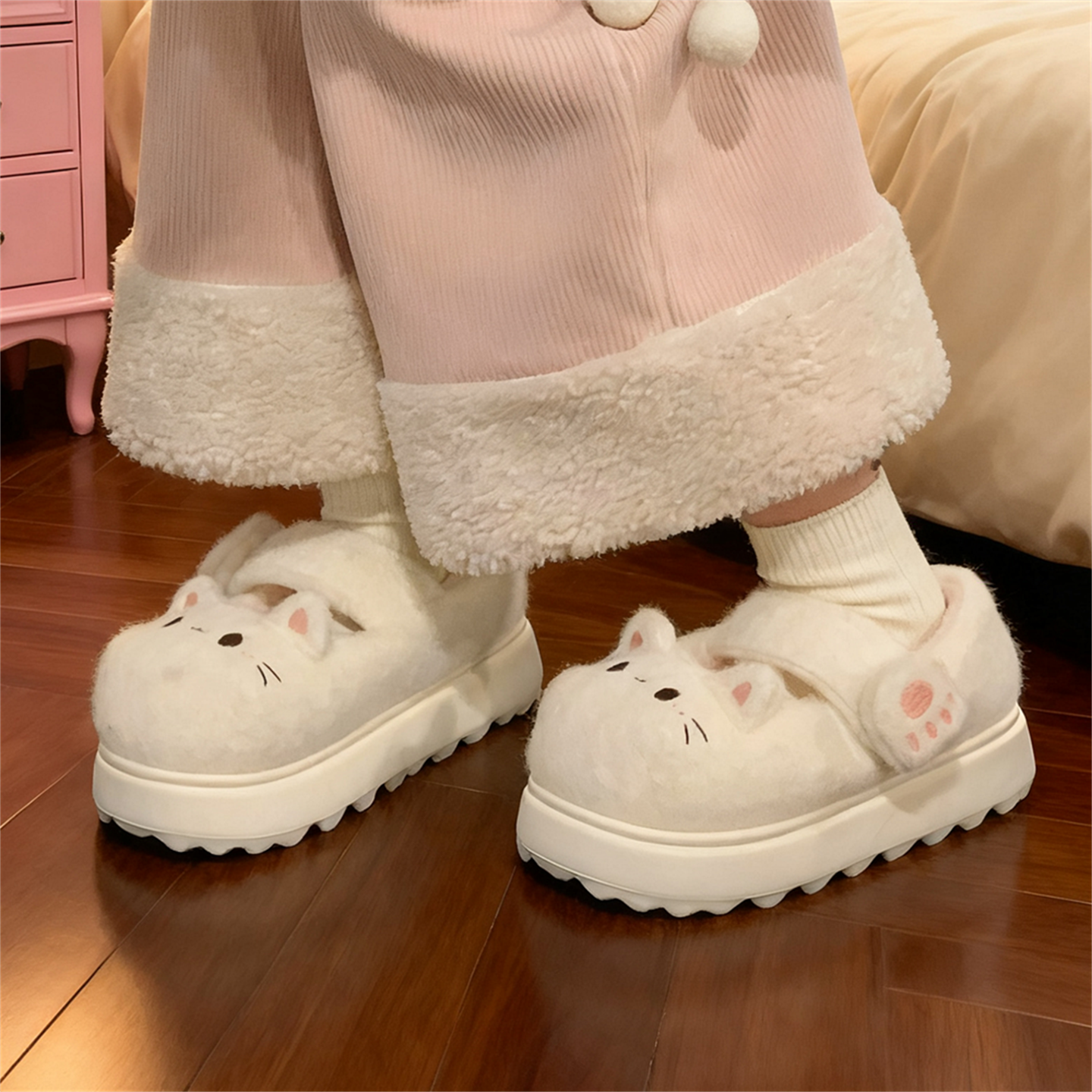 细细条冬季魔术贴玛丽珍棉鞋女