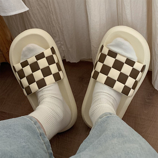 时尚 男 情侣黑白棋盘格凉拖鞋 女夏外穿休闲海边度假防滑软底沙滩鞋