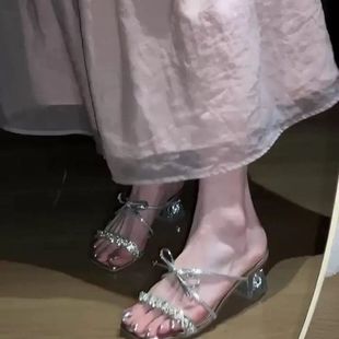蝴蝶结凉鞋 女款 2025新款 配裙子夏天仙女风银色气质高级感粗跟拖鞋