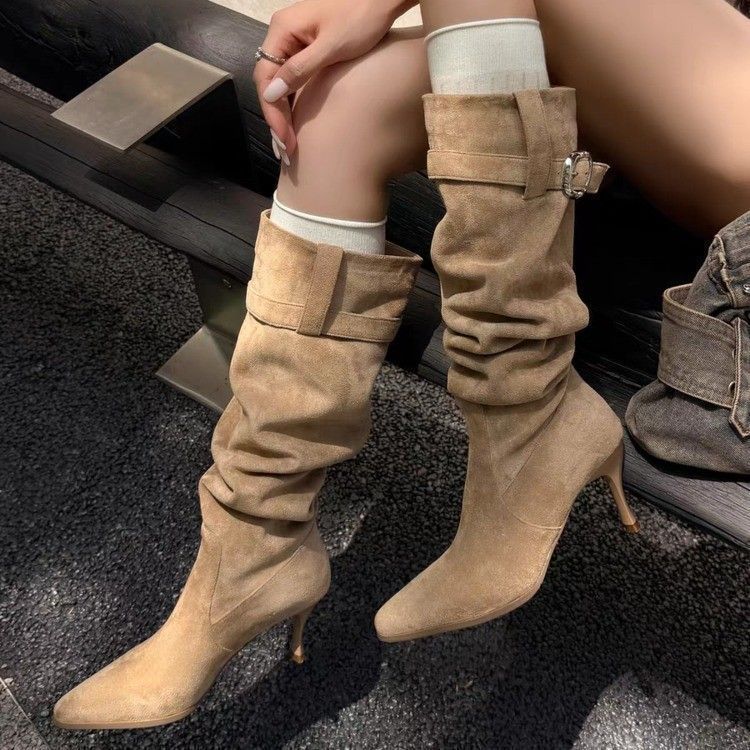 百搭显瘦堆堆靴尖头细跟高跟高筒靴女2025美拉德不过膝长筒靴