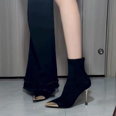 2025秋冬新款金属尖头高跟短靴细跟显瘦弹力瘦瘦靴百搭短筒女靴子