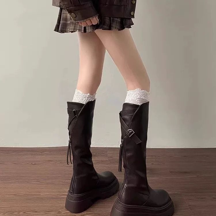 棕色厚底长筒靴女春季2025年新款小个子复古长靴女不过膝骑士靴子