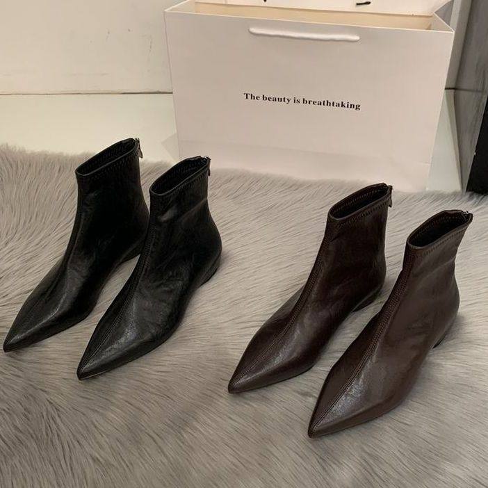 坡跟尖头短靴女新款2025秋冬后拉链弹力瘦瘦靴女靴法式低跟短筒靴,女鞋,时装靴,淘宝优惠券,粉丝福利购,淘宝优惠卷