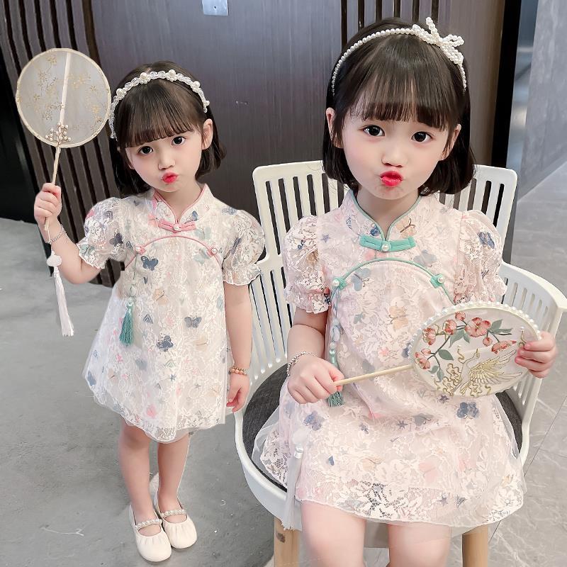 女童汉服夏装2022新款宝宝古装旗袍儿童中国风小童公主蕾丝连衣裙