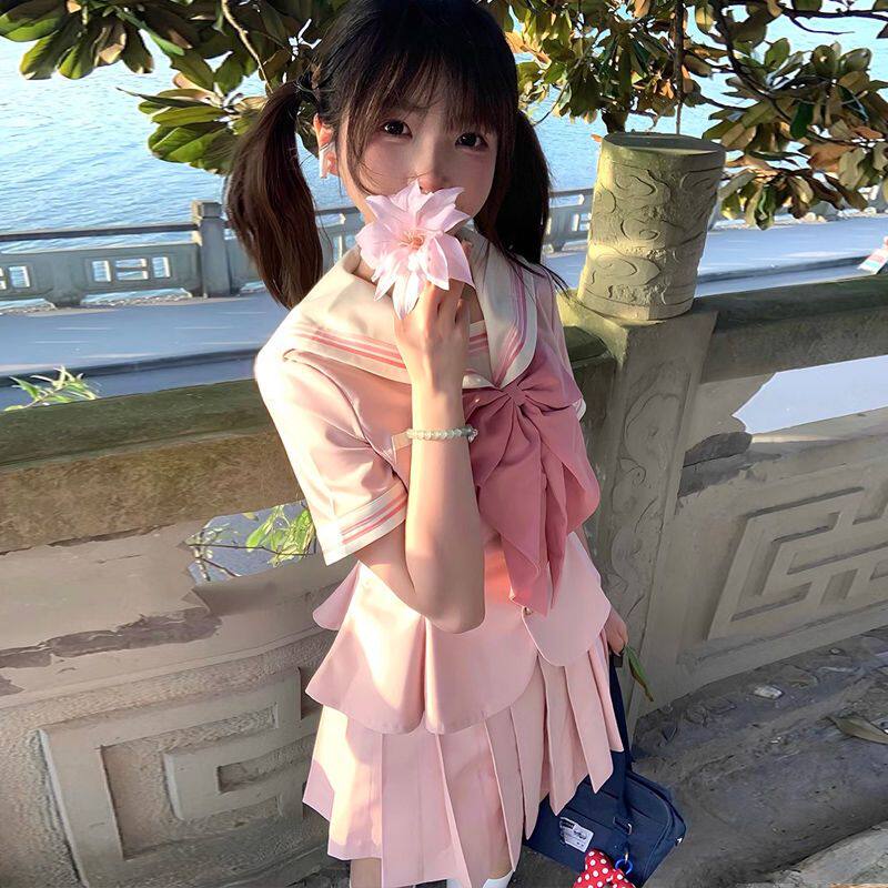 紫薯汤圆 收腰水手服短袖夏季学院风JK特大蝴蝶结甜美裙粉色