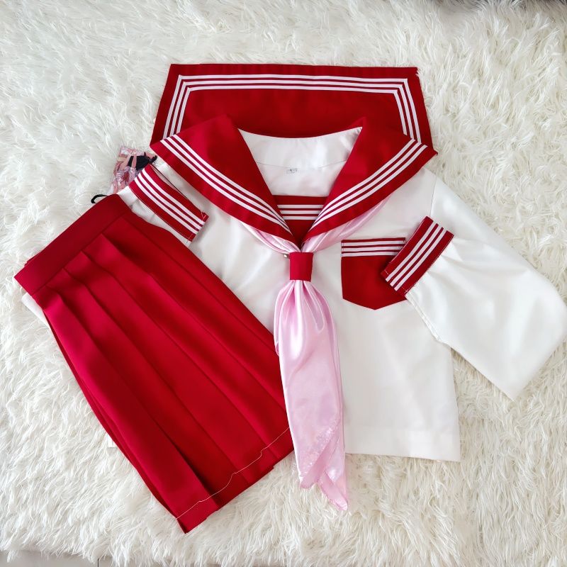 原创正版JK制服红色三本女生长短袖水手服学生短裙套装班服日系
