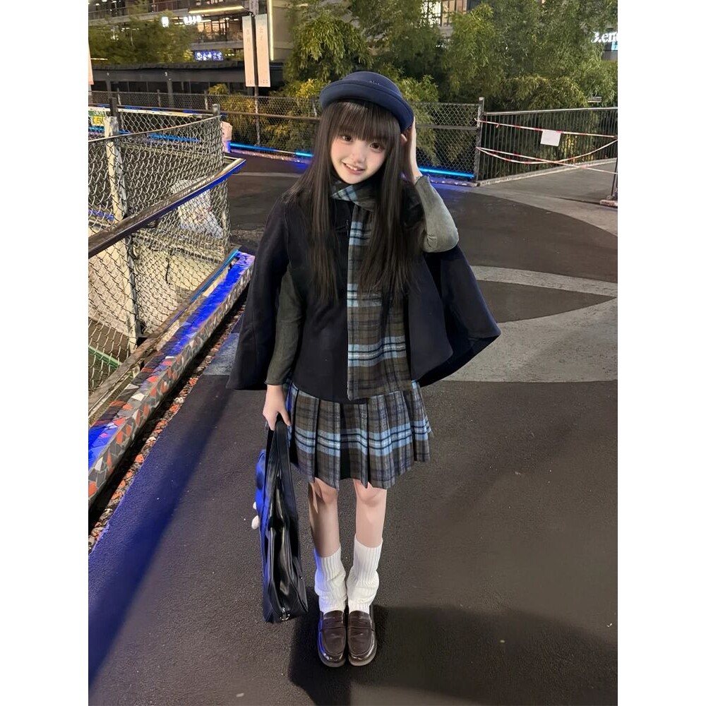 【星漾月见 】JK制服夹棉毛呢绀色斗篷设计+蓝色短裙套装小个子女