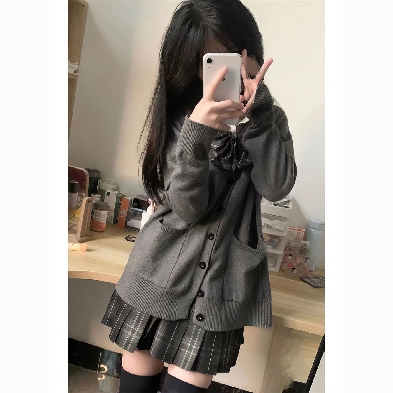 甜美学院风纯色毛衣女校供感百搭宽松纯色长袖v领针织开衫jk套装