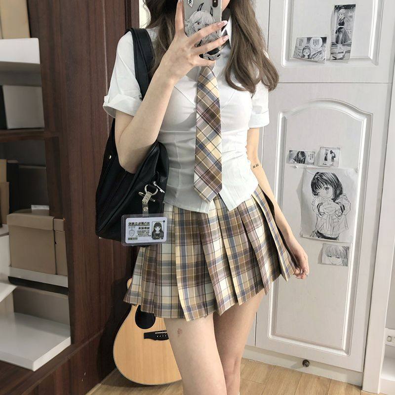 十字银河原创jk收腰衬衫格裙制服套装显瘦上衣短裙叠穿夏秋款