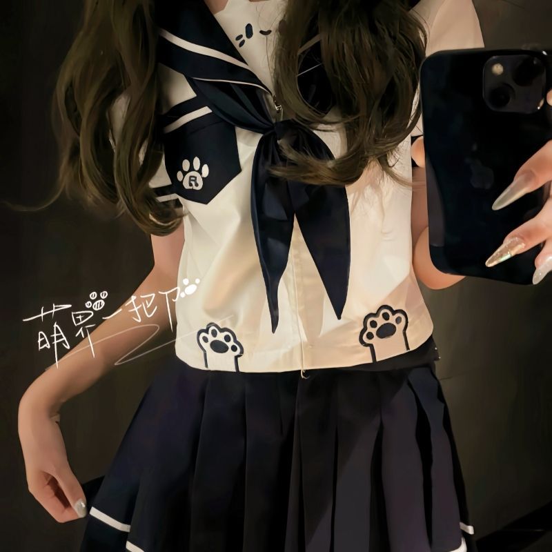 喵符音原创正版寻野jk制服水手服套装绀白色领结短袖半身裙学院