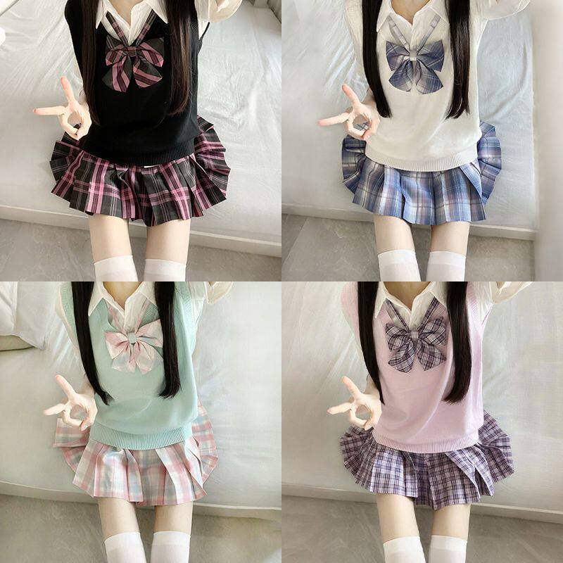 原创正版jk格裙学院风背心马甲收腰衬衫女上衣百褶裙叠穿制服套装