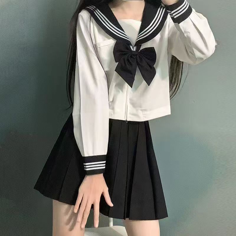 新款日系正统水手服JK制服黑领不良白三本多巴胺基础短裙学院套装