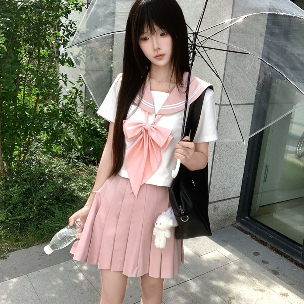 织野鹿jk原创正版基础款粉色二本水手服短袖日系学院风百褶裙套装
