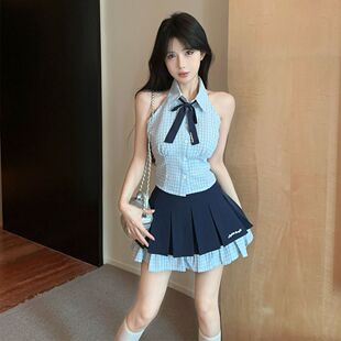 学院套装jkJK制服辣妹纯欲纯欲格格子无袖衬衫高腰半身短裙穿搭女
