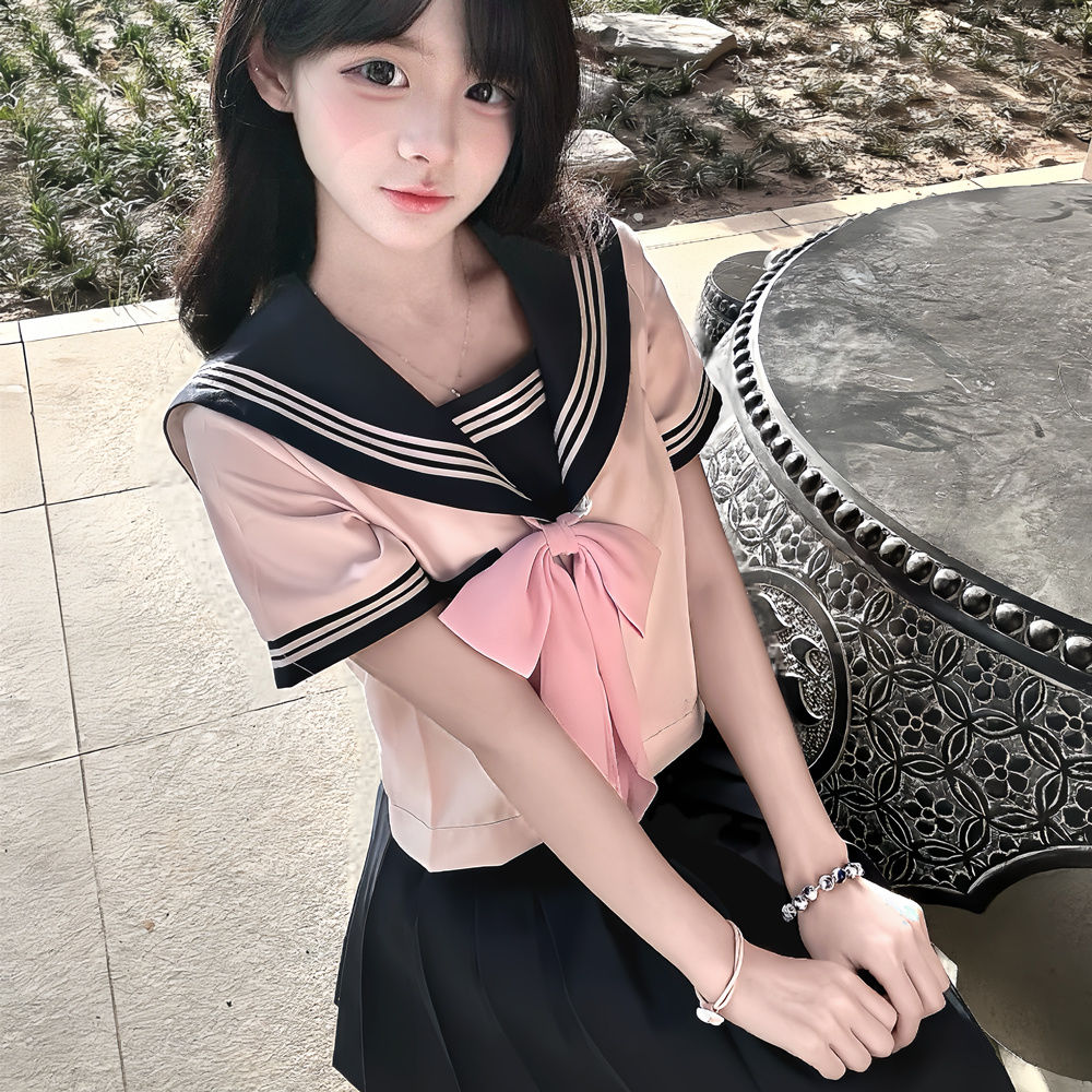 原创粉色jk制服学院水手服正版日系基础套装甜美短袖学生校供中间
