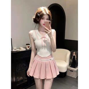 夏季甜辣学院风jk制服穿搭甜美粉色无袖针织上衣百褶裙时尚两件套