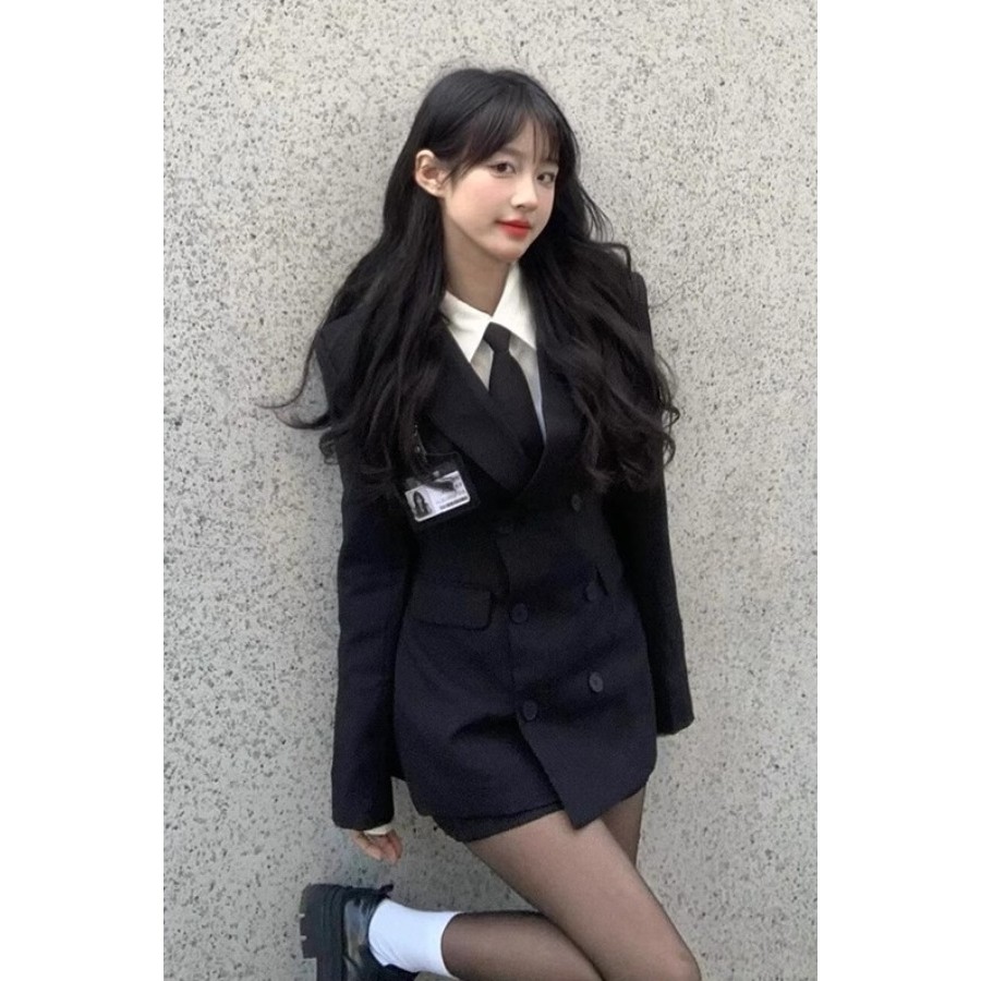 韩系学院风黑色西装jk制服套装女秋冬新款小个子显瘦半身裙两件套