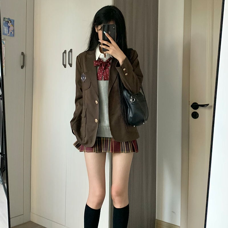 校供驼色jk制服西装外套女学院风秋冬两粒扣小个子校供感西服套装