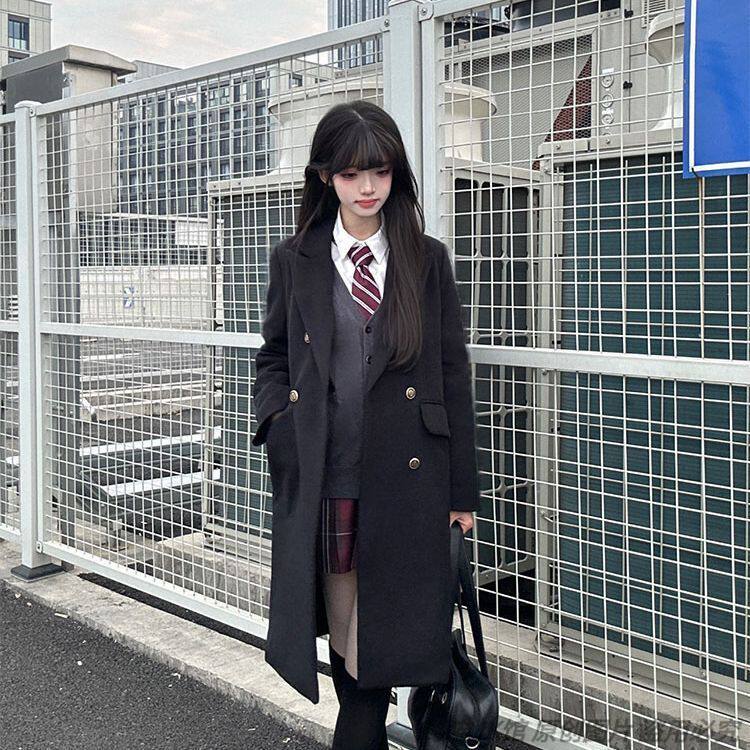 莓喵jk大衣学院风中长款双排扣毛呢子大衣修身加厚jk制服秋冬套装