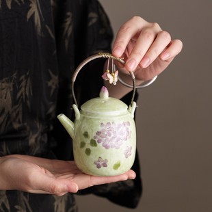 蓝彩手绘绣球花棉麻高提梁壶家用中式防烫泡茶壶女士专用功夫茶具